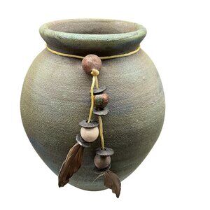 Handcrafted Raku Ceramic Vase With Beaded Feather Decor Signed Jeremy Diller 6"H